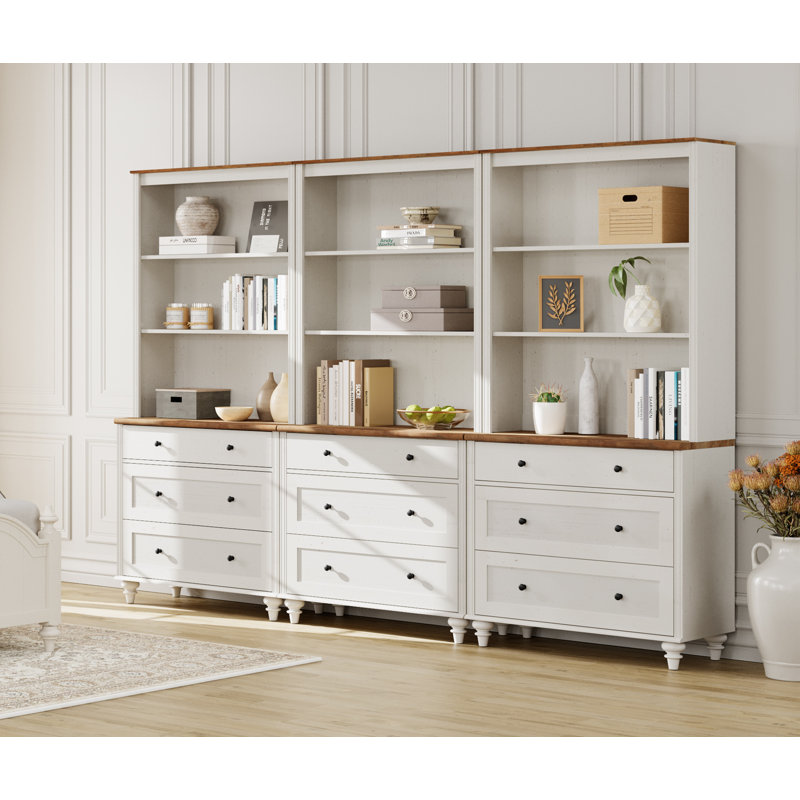 Bibliothèque Corretta 183 cm (H) x 258 cm (L) avec 3 tiroirs (lot de 2), bibliothèque haute avec 3 étagères ouvertes, grande bibliothèque en bois de style ferme pour salon, chambre, bureau ou cuisine.
