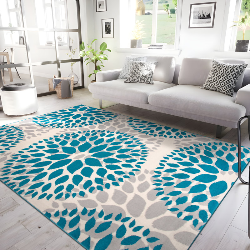 Tapis bleu / ivoire / gris clair à motif floral, Rectangle 7 pi 6 po x 9 pi 5 po