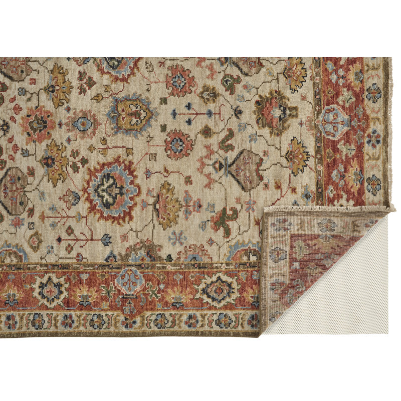 Carrington Hand Knotted Wool Oriental Area Rug in Ivory, Rectangle 2' x 3'