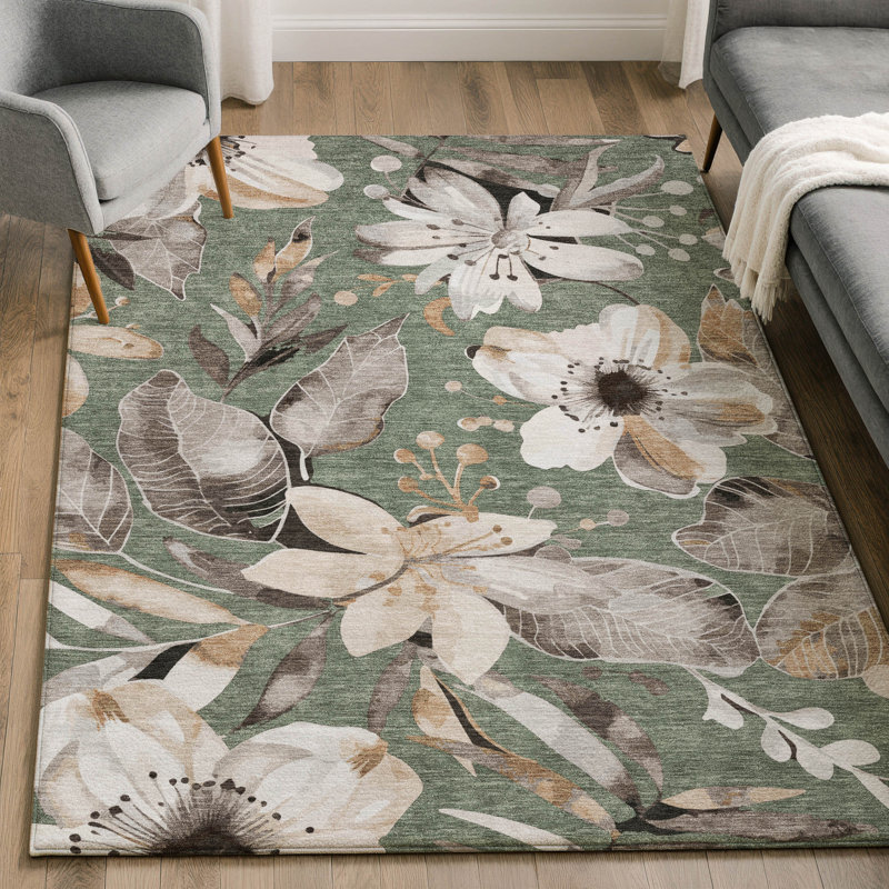 Premium Machine Washable Mayfield AMF2260 Floral Rug, Sage, 2'6" x 3'10"