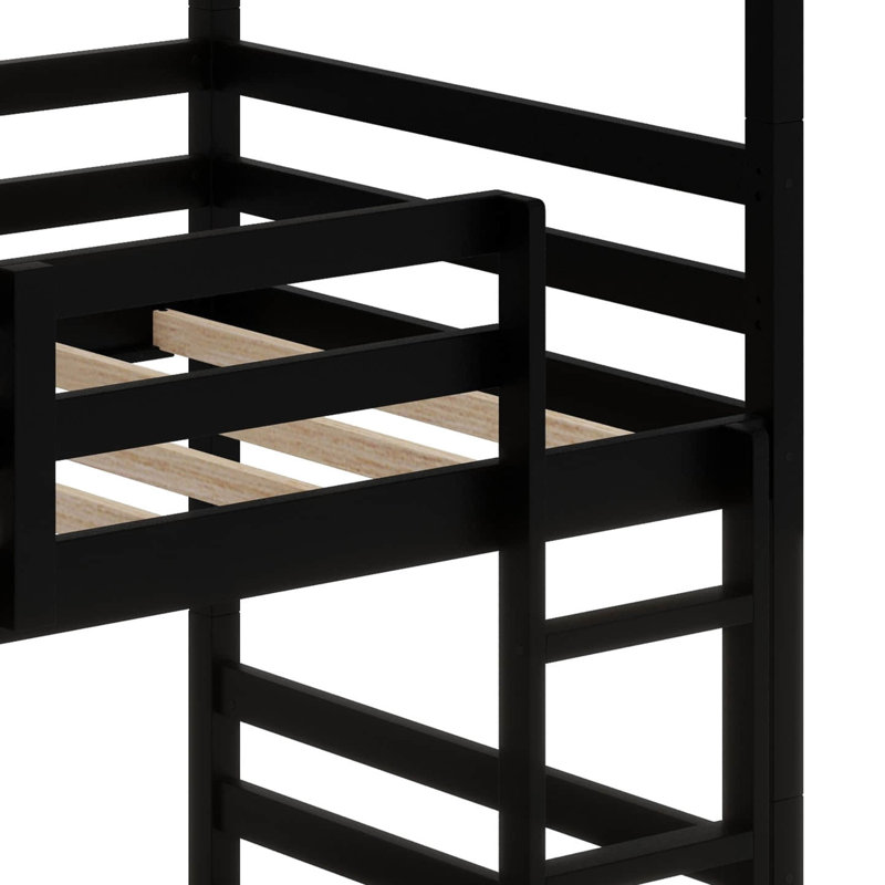 Twin Over Twin Over Twin Rubber Wood Triple Bunk Bed – Two Built-In Ladders, Guardrails & Detachable Design, Black