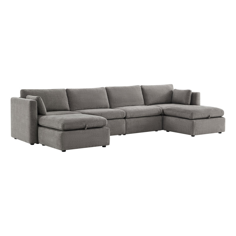 Winfree 6 - Piece 146.5" Upholstered Modular Sectional Sofa with 2 Ottoman, Fossil Gray Linen Blend