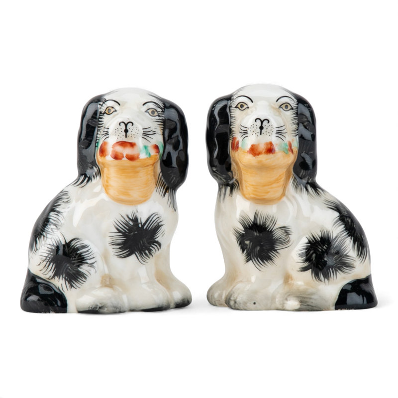 Small Black Staffordshire Style Basket Dog Figurines Pair, Black/White/Beige