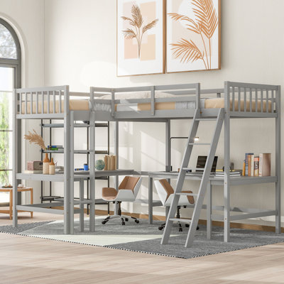  Lit mezzanine simple en L avec accès échelle et deux bureaux d'étude intégrés, gris