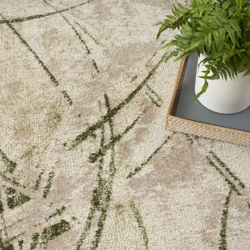 Astra Machine Washable Beige Green Modern Indoor Rug, Rectangle 6'7" x 9'