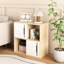 Armoire de rangement contemporaine en bois avec portes coulissantes lisses, 2 compartiments ouverts et fermés à 2 niveaux, étagère compacte en bois naturel pour esthétique, finition