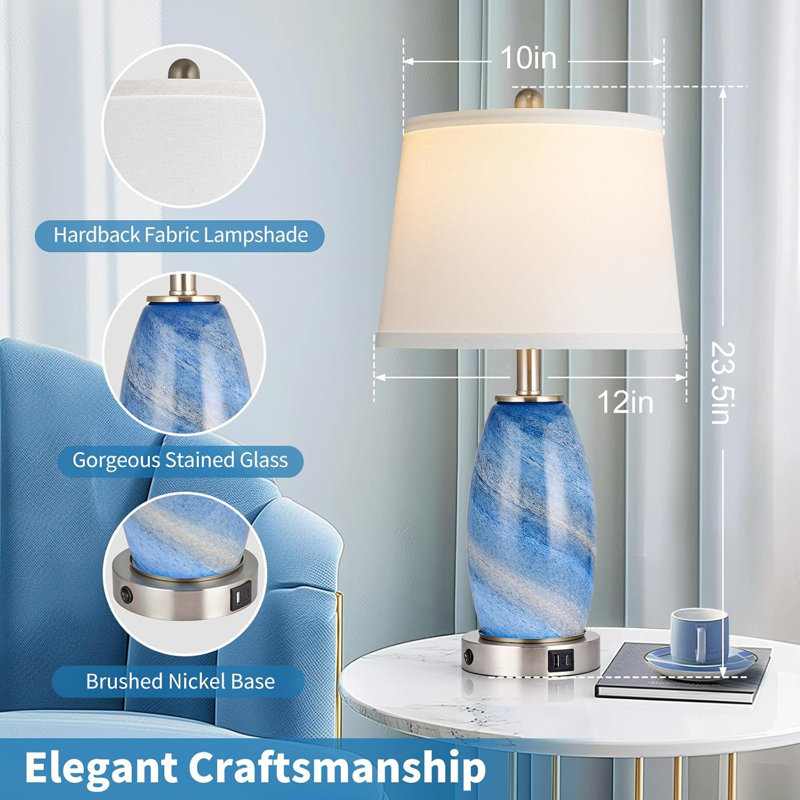 Blue Textured Glass 3-Way Table Lamps with USB Ports, Set of 2