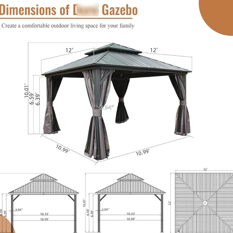 Gazebo de 3,65 m x 3,65 m avec structure en aluminium et double toit - Polyvalent pour patio, cour arrière, terrasse, pelouse, espace de travail gris pour pelouse - Fonctionnel et pratique.
