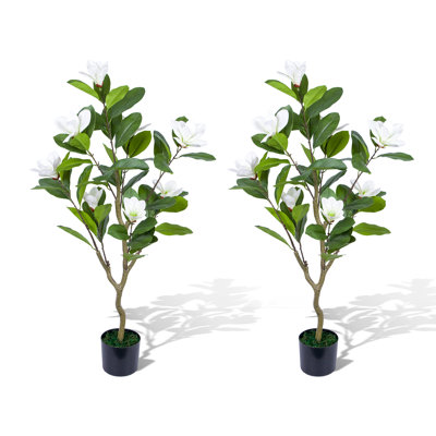 2 Pack Artificial Magnolia Tree,3.7 ft Tall Faux Magnolia Plant with Realistic Leaves and Blooms,Potted Fake Floral Tree for Living Room/Office/Porch Decor,White