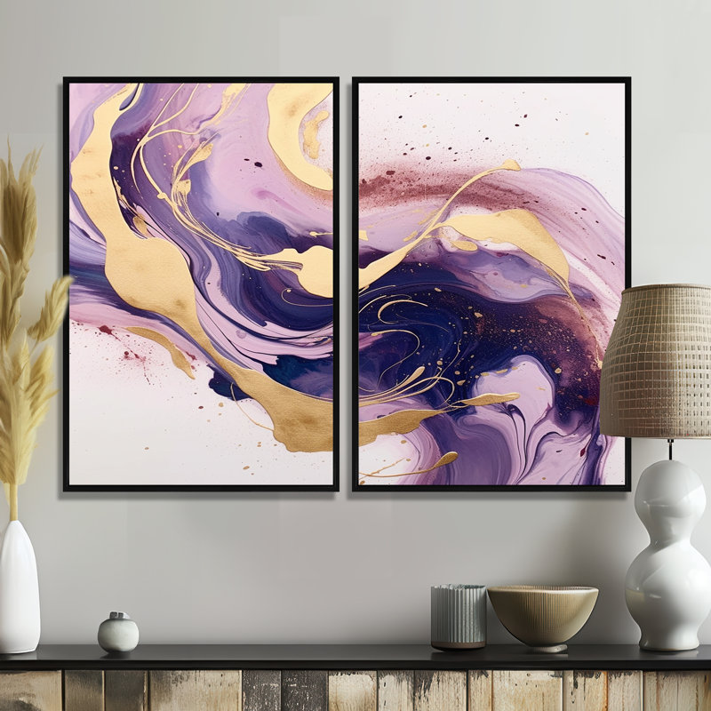 «Mauve et doré» I - impressions d'art moderne sur toile à 2 panneaux, 36" H x 48" W, Impression encadrée flottante, Black