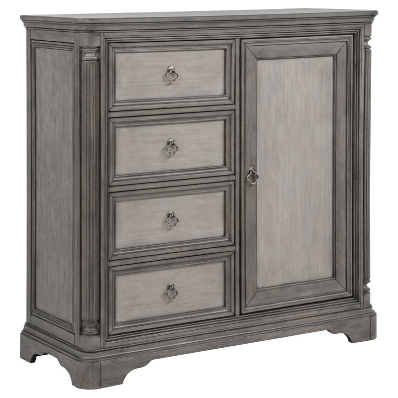 Commode Cresswell à 4 tiroirs avec rangement dissimulé, couleur taupe vieilli