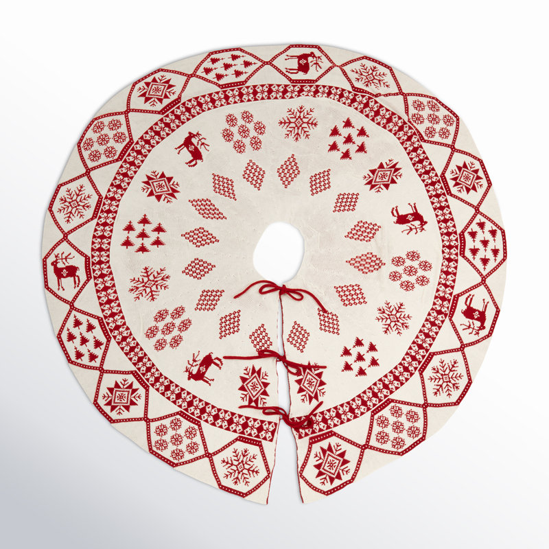 Red and White Knit Christmas Tree Skirt with Festive Patterns