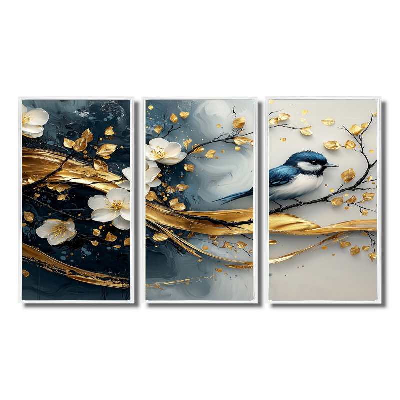 «Blue and Gold Bird on Cherry Blossom Branch», ensemble de reproductions d'art mural cerisier en fleurs