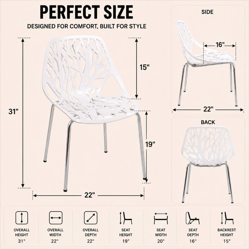 Asbury Stackable Dining Chair with Floral Cutout Back and Stainless Steel Legs – Modern Metal Side Chair for Kitchen, Dining Room, or Restaurant