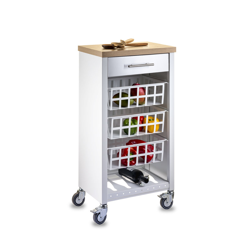 York 48cm W Kitchen Trolley with Elm Wood-Effect Top and Locking Wheels, White