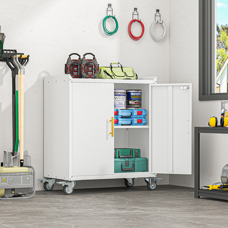 Metal Small 35.6" Garage Storage Cabinet with Locking Doors ,Rolling Wheels and Adjustable Shelves, 35.6"H, White