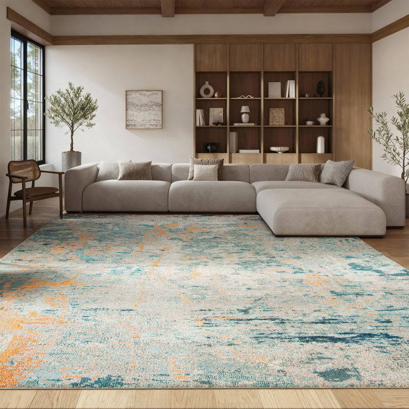 Tapis abstrait bleu / beige / orange Riccio, Rectangle 8 pi x 10 pi