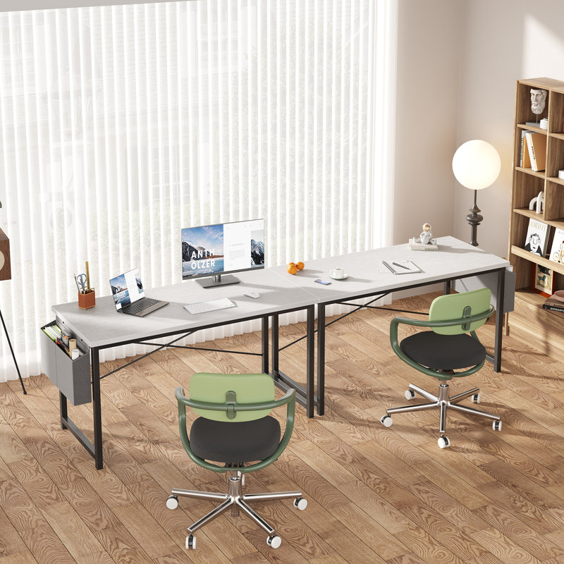 Bureau d'ordinateur de 55 po avec structure en métal, surface imperméable et sac de rangement - idéal pour le bureau, Blanc