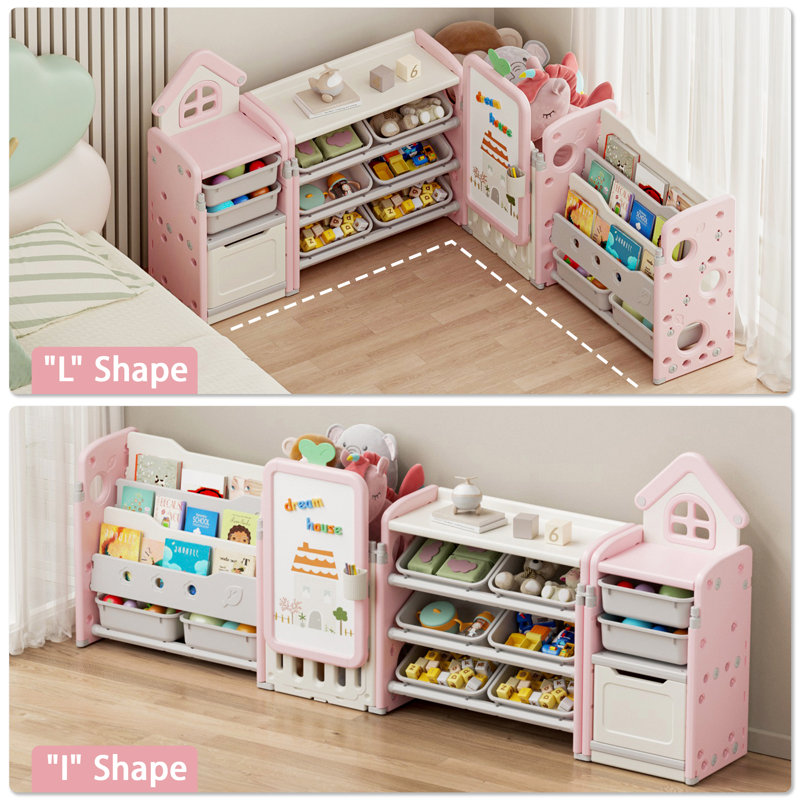 Foldable Kids Toy Storage Organizer ,With Removable Bins And 3-Tier Bookshelf For Kids Toy Storage Organizer With Drawing Board, Extra 3 Brushes