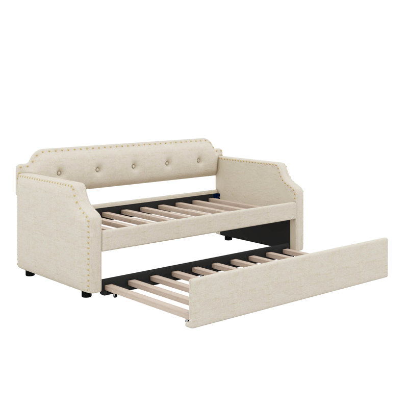 Twin Upholstered Daybed With Trundle, Beige