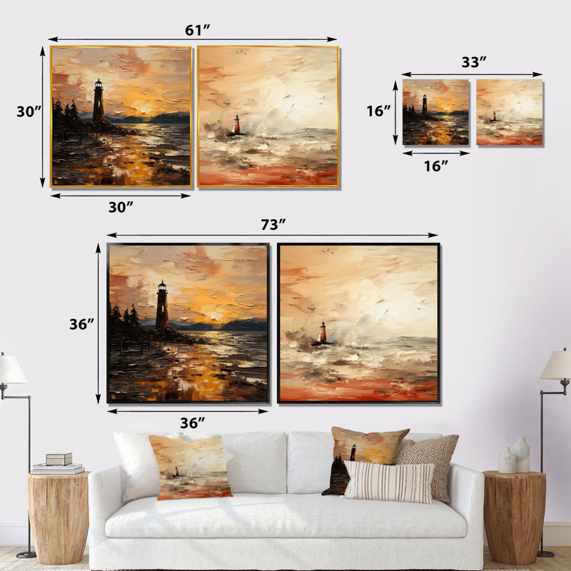 Peinture jaune du phare coucher de soleil I - ensemble de salon art mural coucher de soleil côtier, Toile tendue