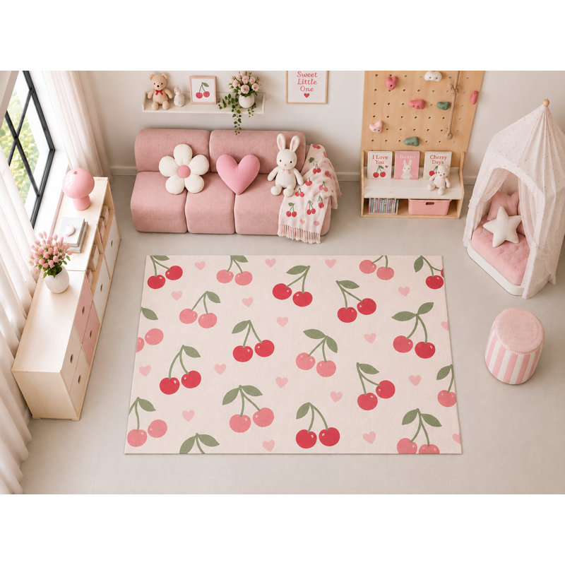 Tapis d'intérieur ultramince de 152 x 213 cm à motif de cœurs de cerisier, idéal pour la chambre d'enfant, la crèche, la salle de classe ou la salle de jeux. Doux et à poils courts, avec revêtement antidérapant en silicone.