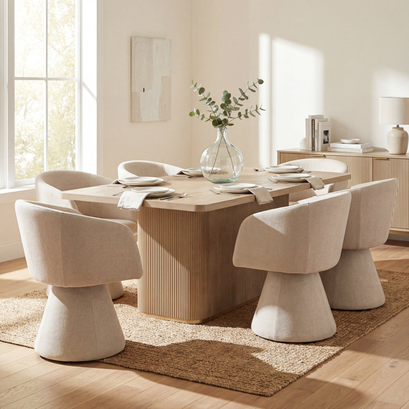 Ensemble de table de salle à manger 7 pièces Swainswick avec chaises pivotantes à 180 ° et plateau de table en bois, Beige