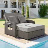 PE Wicker Rattan Double Chaise Lounge, 2-Person Reclining Daybed with Adjustable Back and Cushions