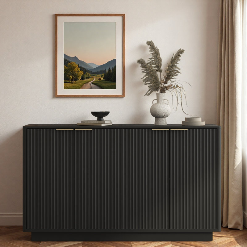 Modern Fluted Sideboard With Adjustable Shelves And Metal Handles, Black