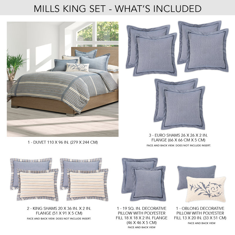 Mills Duvet Set - Denim, King Duvet Cover + 5 Shams + 2 Throw Pillows
