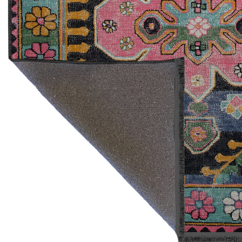 Tapis décoratif frangé à motif floral à motif traditionnel rose et bleu, Tapis de couloir 3 pi 4 po x 8 pi 3 po
