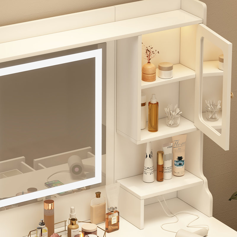 Grand meuble-lavabo avec grand miroir, 6 tiroirs, tablette et 3 lumières chaudes