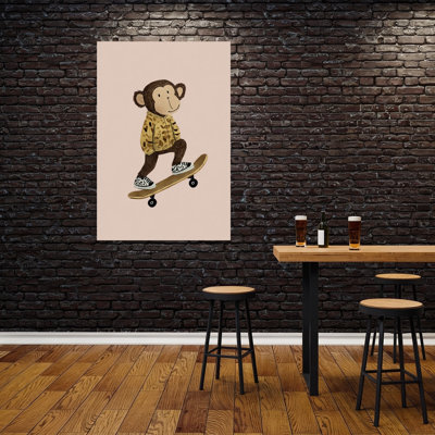 Skateboarding Monkey Fun Playful Contemporary Monkey Urban Wall Art Print by Mathieu - Wrapped Canvas Print