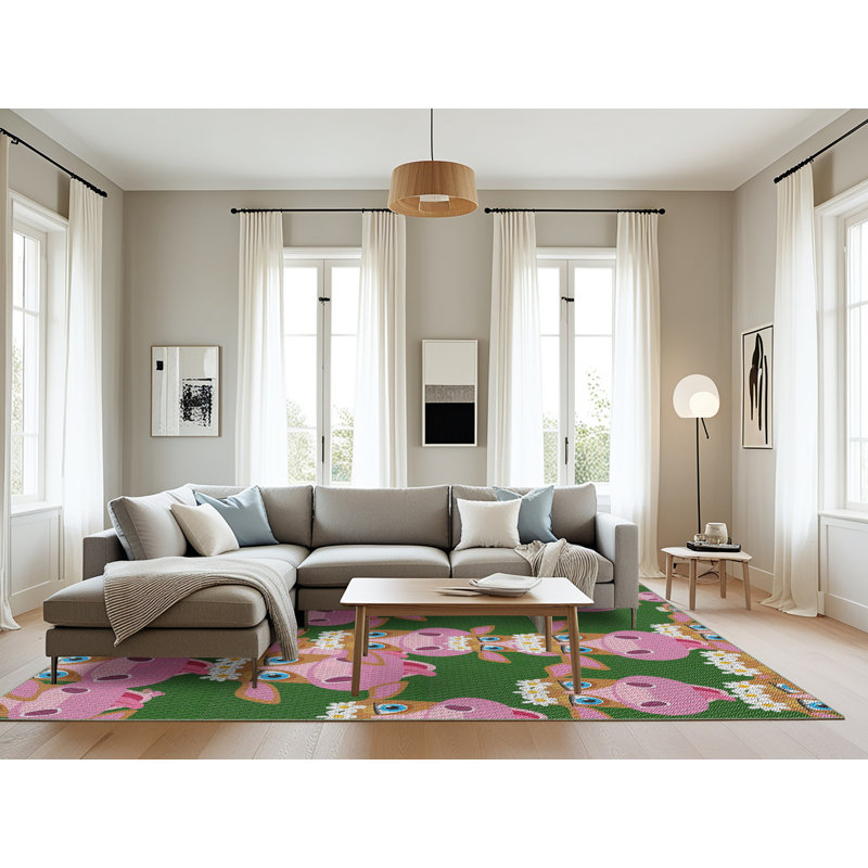 Rose Dahl/Tapis décoratif vert, Rectangle 8 pi x 12 pi