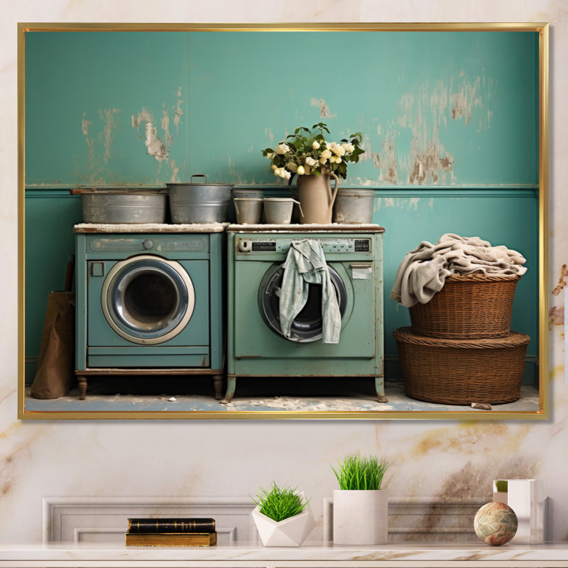 Turquoise Vintage Laundry Room II - impression, H 12 po x l 20 po x P 1 po, Cadre flottant doré
