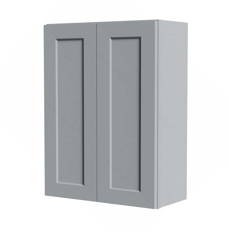 27-Inch Solid Wood Wall Cabinet With Soft-Close Doors & Adjustable Shelves For Kitchen, Bathroom, Laundry, Gray