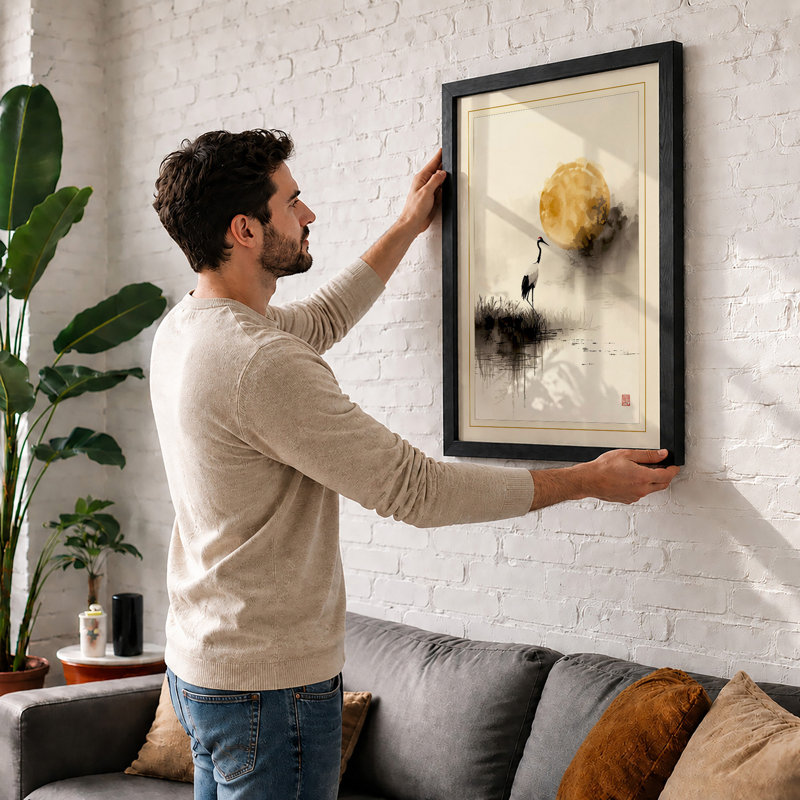 Crane at Dawn Japandi - Framed Print, A4 - 29.7 x 21.0 cm, Oak