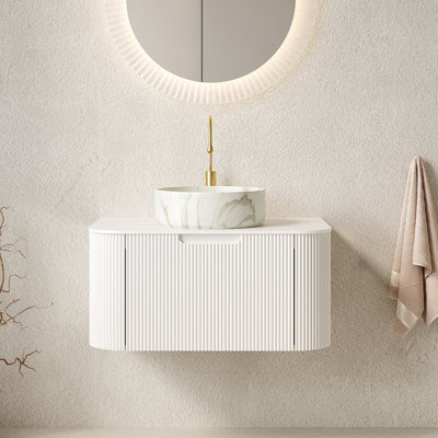 Meuble-lavabo 30 po, armoire de salle de bain en contreplaqué rayé à bords arrondis avec tiroir, vasque en céramique blanc mat et plateau en pierre frittée
