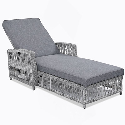 Outdoor Long Reclining Chaise, Wicker Lounge With Armrests, Patio Adjustable Recliner, Soft Removable Cushions, All-Weather Rattan Poolside & Garden, Gray