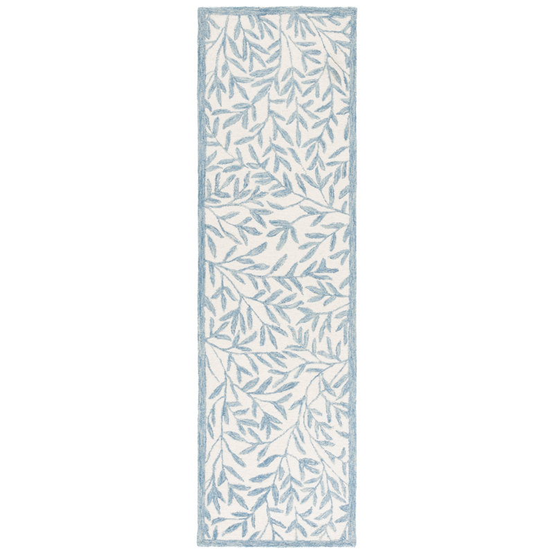 Ivory and Blue 8' Wool Hand-Tufted Runner Rug