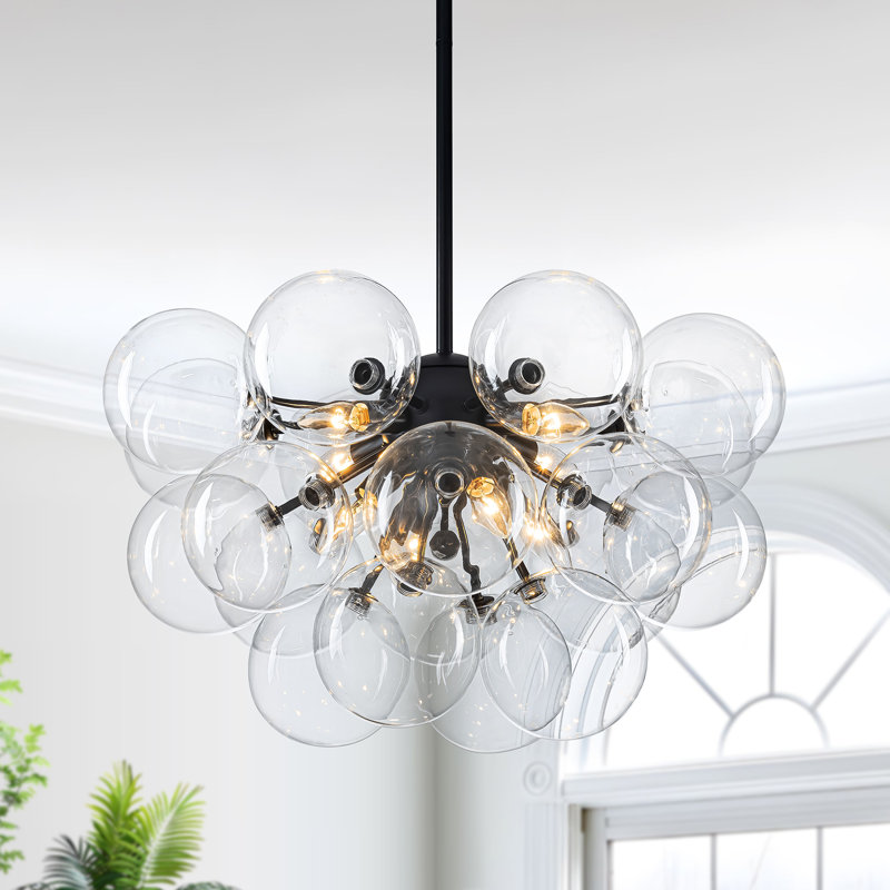 Lustre linéaire moderne à 12 lumières avec globes en verre transparent, Noir mat