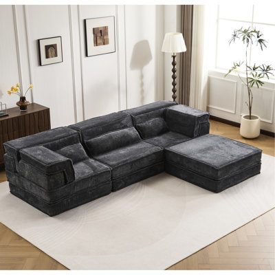 Canapé d'angle convertible Mahjong en polaire circulaire, 3 places, mousse à mémoire de forme haute densité pour un soutien optimal des hanches, assise surdimensionnée avec lit au sol, aucun assemblage requis, idéal pour les jeux de cartes