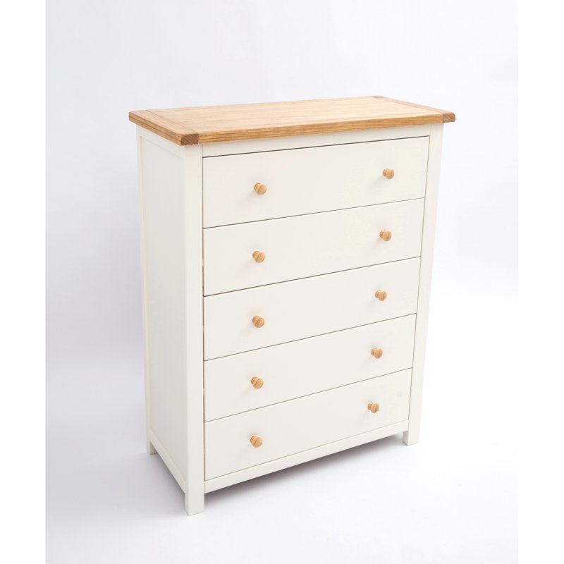 Pompey 5 Drawer 90Cm W Solid Wood Chest Of Drawers, Off-White