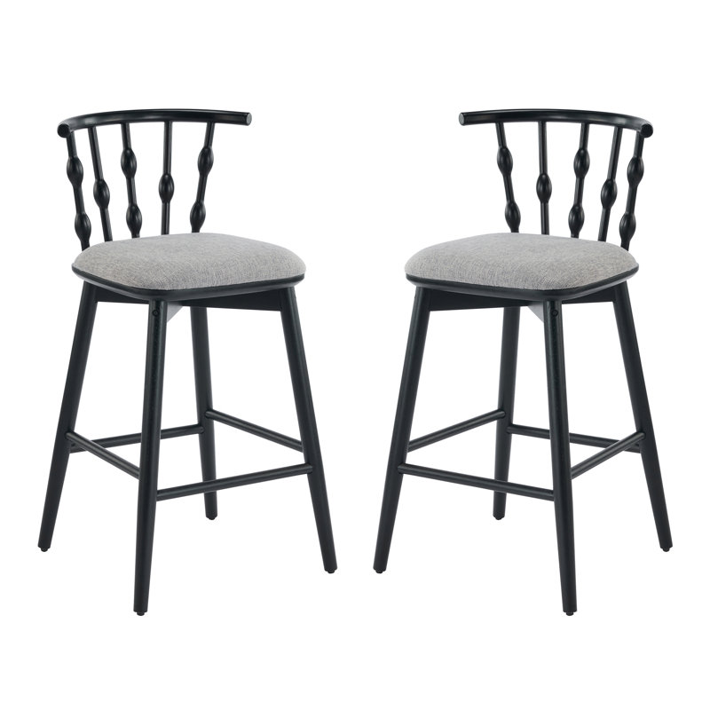 Tabouret de bar d'intérieur en bois Doria, finition noire avec revêtement gris, ensemble de 2