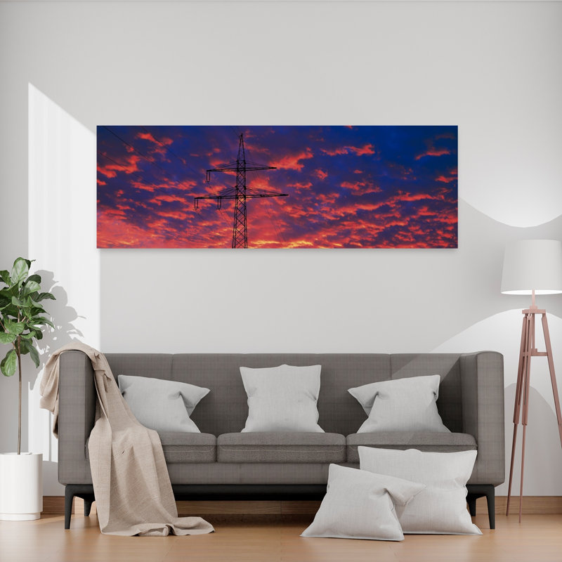 Lignes électriques au coucher du soleil, Allemagne, art dramatique abstrait coloré, art mural, H 20 po x l 60 po