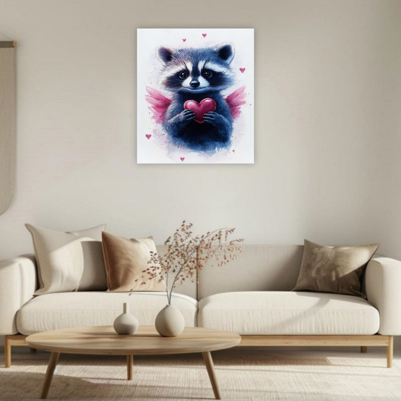 Cœur tenant un raton laveur, art mural 24 po x 36 po