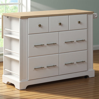Kitchen Island With 6 Drawers, Pull Out Trash Can Storage, Rolling Kitchen Island On 5 Wheels With Drop Leaf, Power Outlet, 5 Open Side Racks For Kitchen, Dining Room, White