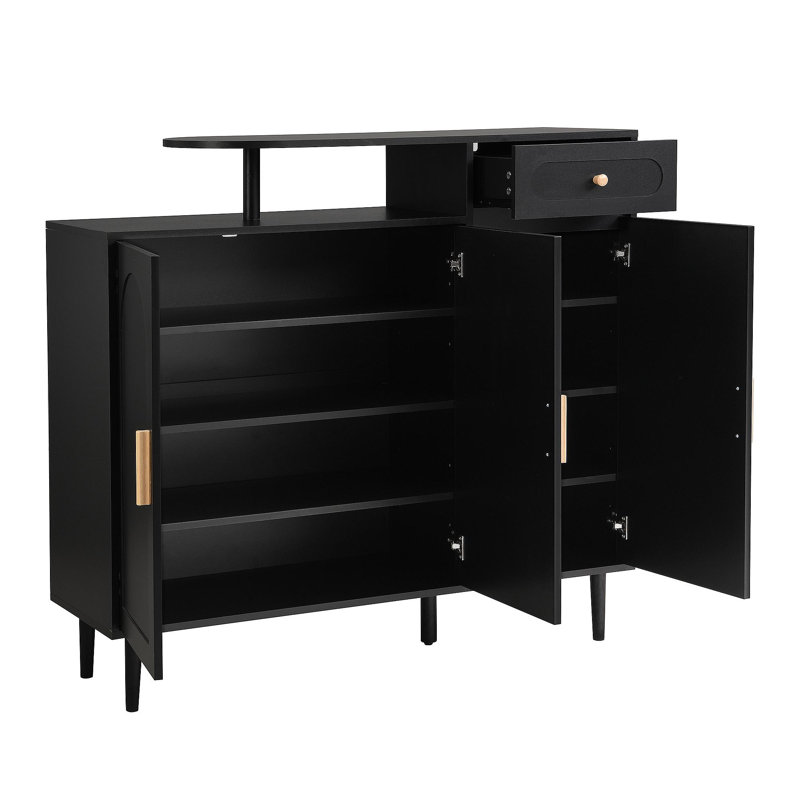 Élégante armoire à chaussures avec portes arquées et tiroir, buffet de rangement de style crème avec tablettes réglables et pieds en bois massif pour le vestibule, le salon, le noir