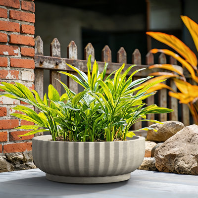 15 in. Medium Stone Gray(Upgraded Interior) Concrete Round Planter / Pot Ribbed Design Planter Bowl with Drainage Hole