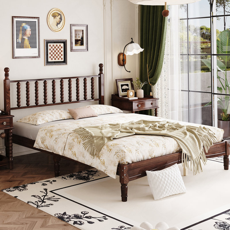 Grand lit plateforme en bois avec tête de lit en forme de gourde, lit plateforme de style rétro avec support en lattes de bois